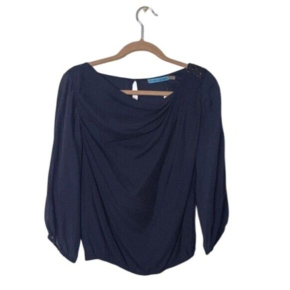 Alice + Olivia Navy Blue Draped Blouse With Beaded Shoulder Embellishment Size M - Picture 1 of 6